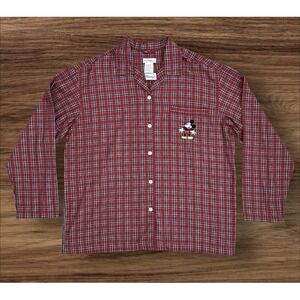 Disney Store Pajama Top L/XL Embroidered Mickey Mouse Red Plaid Christmas NWT